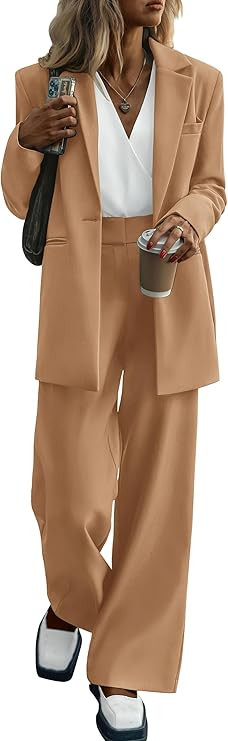 PRETTYGARDEN Women's 2024 Fall Two Piece Outfits Blazer Jacket and Wide Leg Pants Pockets Busines... | Amazon (US)