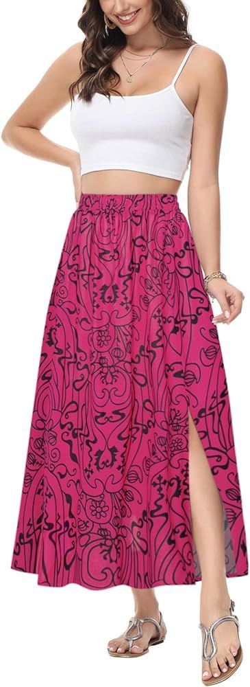 Kate Kasin Women's 2024 Flowy Maxi Skirt Boho Floral Elastic High Waisted A Line Slit Casual Long... | Amazon (US)