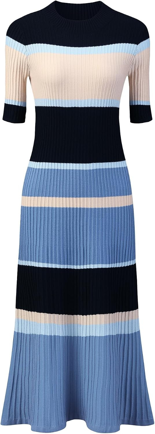 Hobemty Women's Knit Striped Dresses Short Sleeve Midi Ribbed Sweater Dress | Amazon (US)