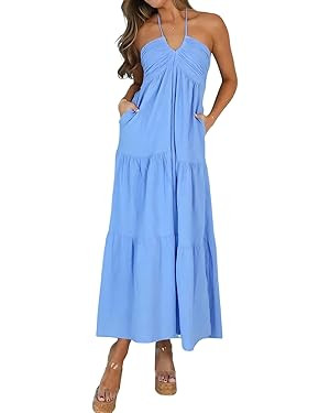 Women's Casual Halter Tiered Vacation Maxi Dress with Pockets | Amazon (US)