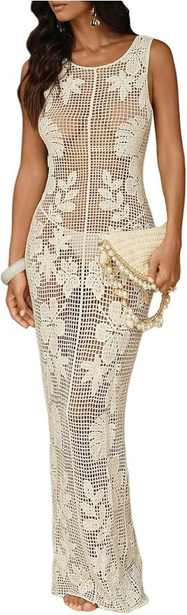 WDIRARA Women's Floral Crochet Sheer Cover Up Maxi Beach Dress Hollow Out Sleeveless Coverups | Amazon (US)