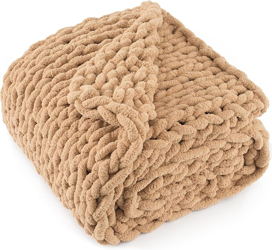 Chunky Knit Throw Blanket 50x60, 100% Handmade Chenille Yarn | Amazon (US)