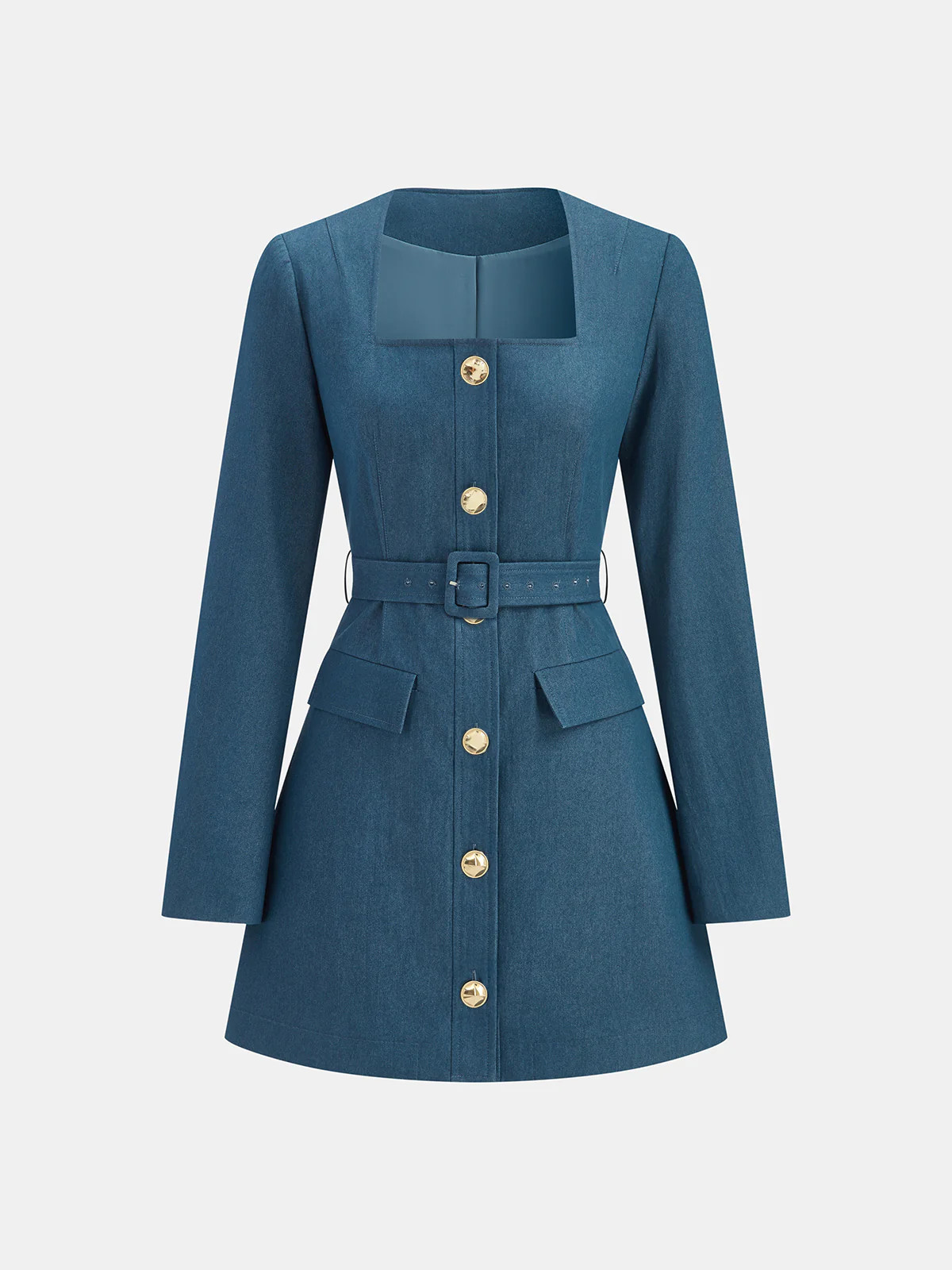 Square-Neck Belted Metal Button Mini Dress | Commense