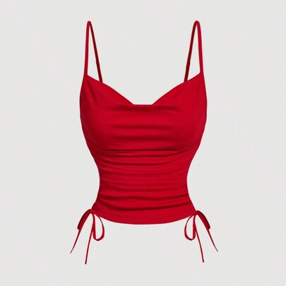 Red Top ,Draped Neck Crop Top For Women, Side Ruched, Slim Fit,Camisole Top, Outfits, | SHEIN