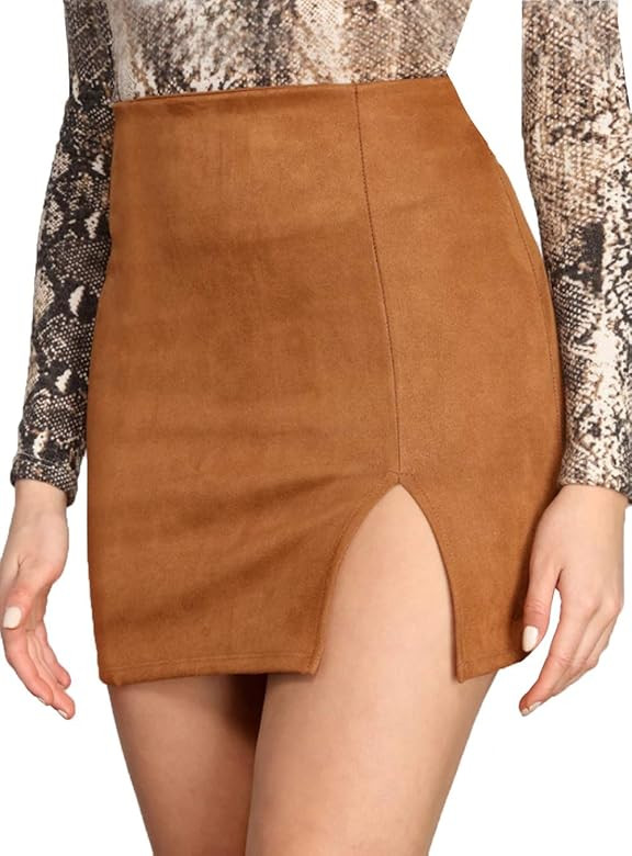 Cantonwalker Suede Skirt for Women High Waist Front Slit Bodycon Mini Skirts 0158 | Amazon (US)