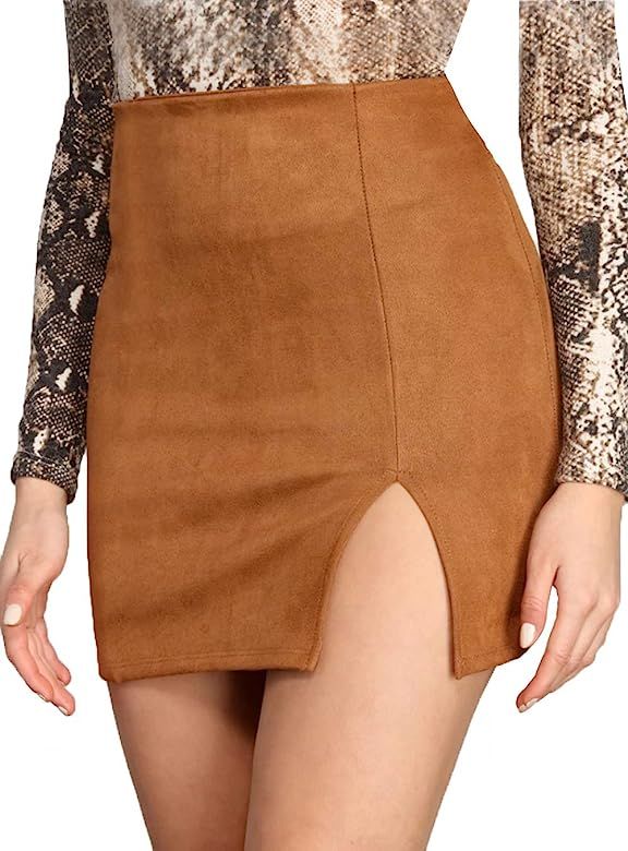 Cantonwalker Suede Skirt for Women High Waist Front Slit Bodycon Mini Skirts 0158 | Amazon (US)