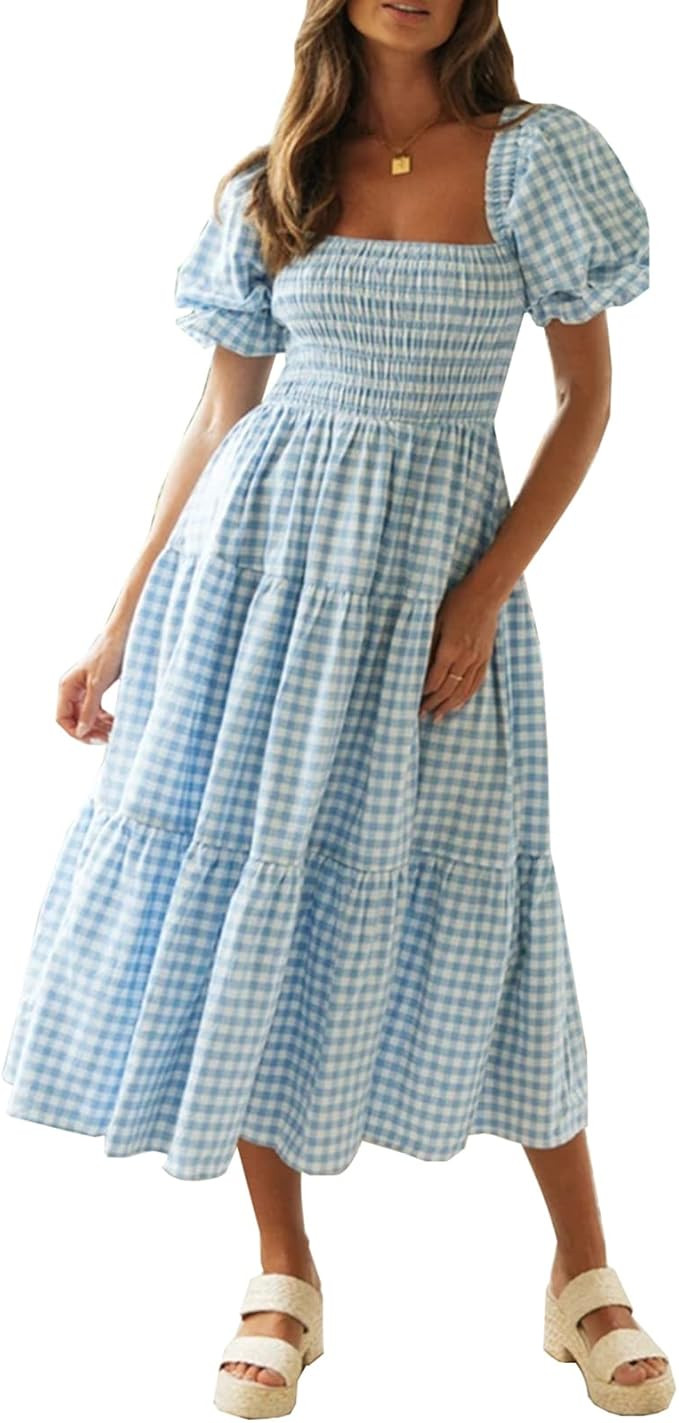 Women's Boho Cottagecore Puff Sleeve Square Neck Flowy Dress Off The Shoulder Summer Casual Plaid... | Amazon (US)