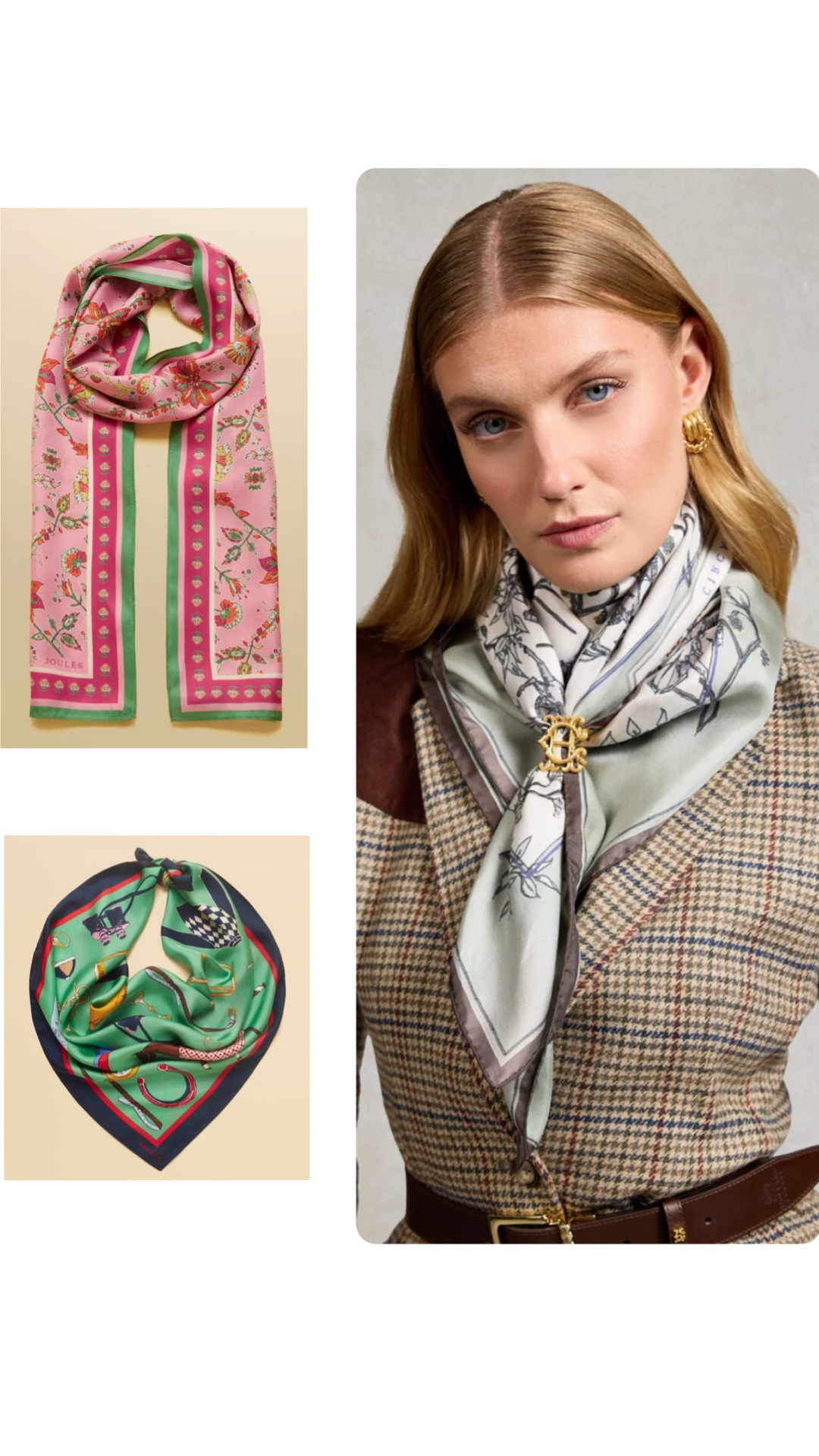 Here are some lovely silky scarves from Holland & Cooper and Joules!  Wearing a scarf is a simple way of adding interest and colour to an outfit!

#LTKspring #LTKstyletip #LTKuk