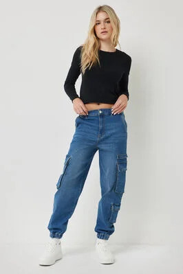 High Rise Denim Cargo Joggers | Ardene
