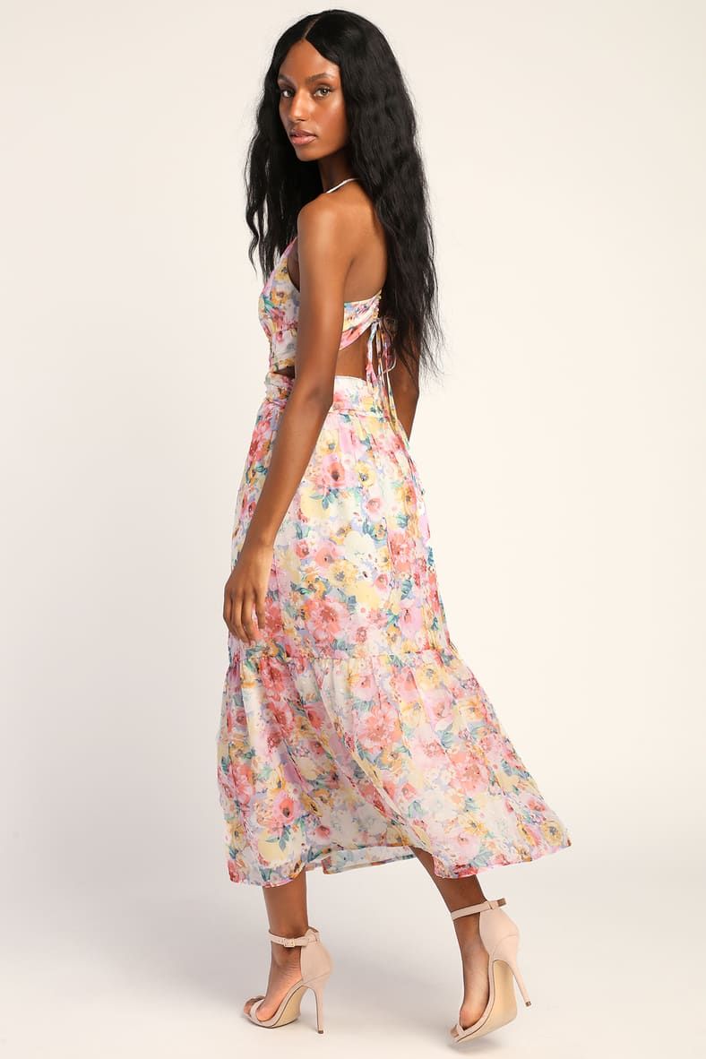 Flower Fields Pink Multi Floral Print Lace-Up Midi Dress | Lulus (US)