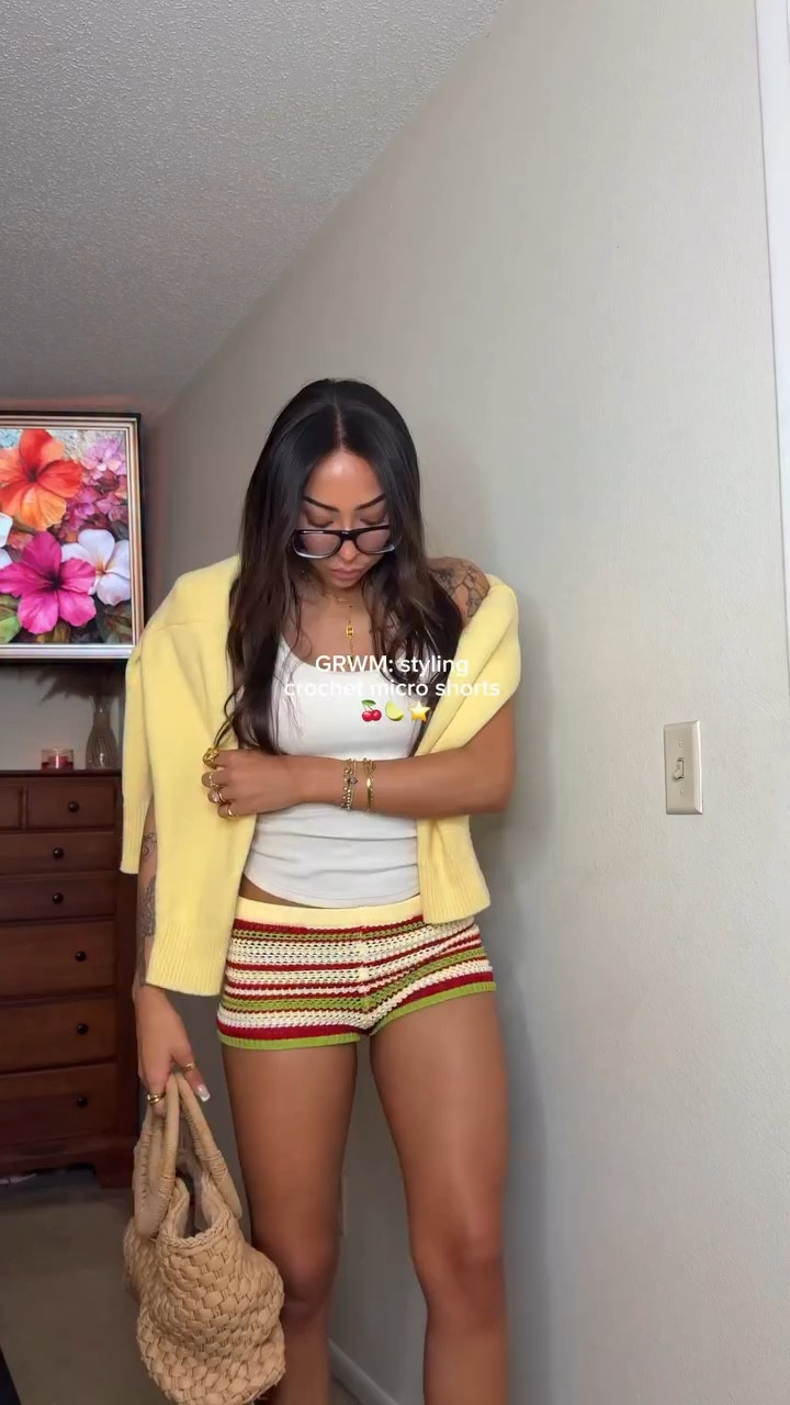GRWM: styling my striped crochet micro shorts 🍒🍋‍🟩⭐️ this pair is sooo cute but be warned, they are in fact *micro* 😂  perfect for a spring break outfit! 

Outfit details:
Tank & sweater @amazonfashion 
Micro shorts @peppermayo 
Shoes @alohas 
Bag @misslola 
Glasses @glassesusa 
Necklace @enroutejewelry_ 
Rings + Bracelets @atoleajewelry (code LEXI15)
Perfume @miumiu 

🎀 Full outfit on my LTK! xx