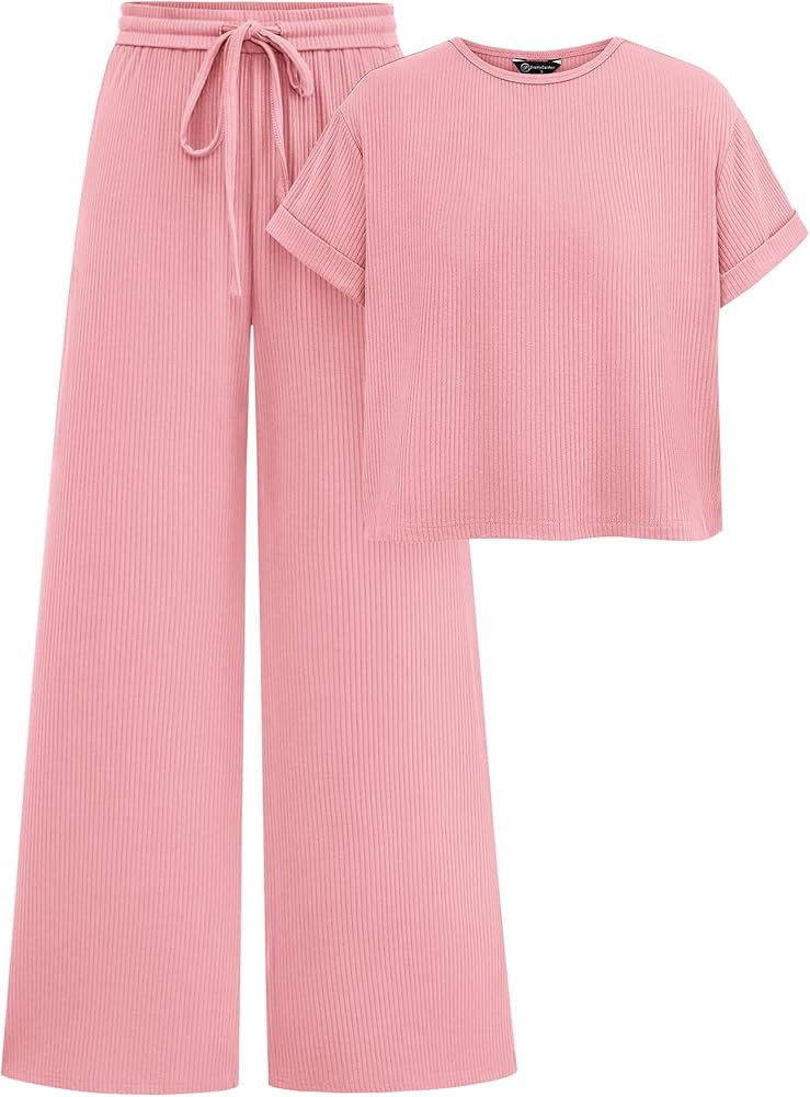 PRETTYGARDEN Women's Summer 2 Piece Knit Loungewear Short Sleeve T Shirts Wide Leg Pants Tracksui... | Amazon (US)