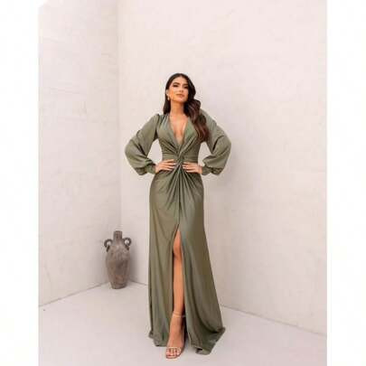 Vestido Verde Oliva Para Festas/Madrinha/Formatura.Tecido Tule Com Brilho,Forro E Bojo 38-42 | SHEIN