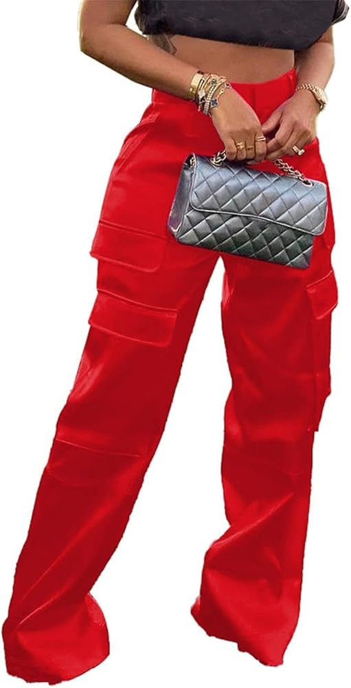 NRTHYE Women High Waisted Satin Cargo Pants Wide Leg Casual Pants Multi Pockets Straight Trousers | Amazon (US)