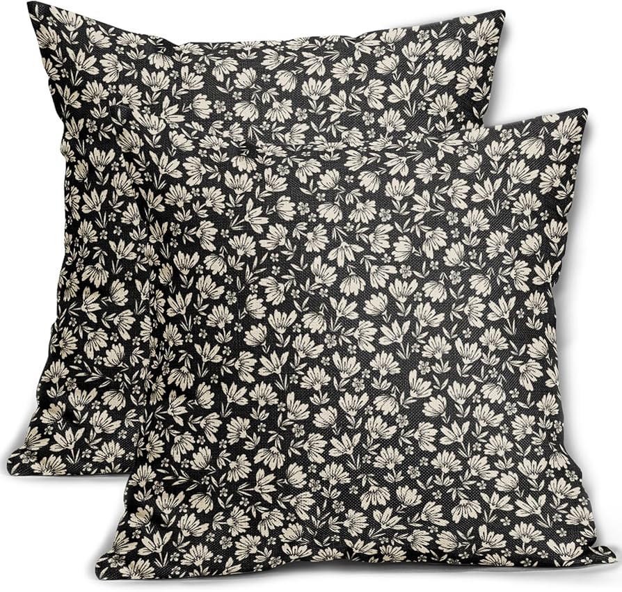 Black Floral Block Print Pillow Covers 20x20 Inch Set of 2, Vintage Cottage Style black Cream Dec... | Amazon (US)