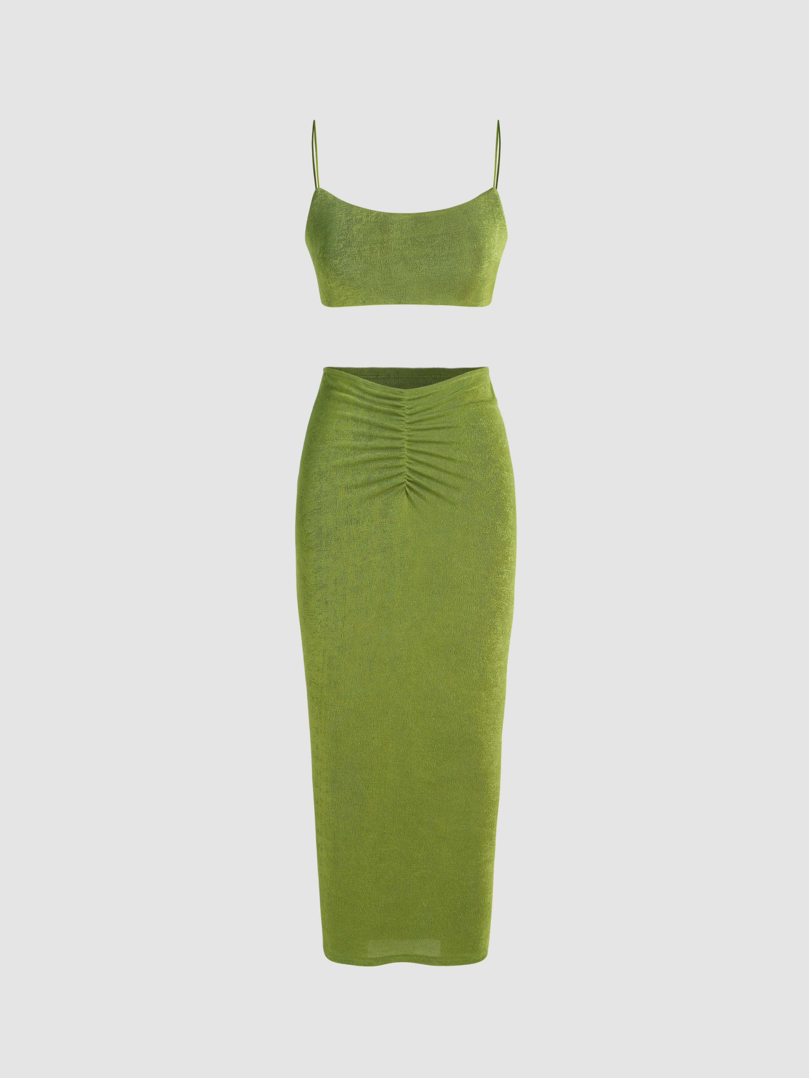 Jersey U-neckline Crop Tank Top & High Waist Ruched Maxi Skirt Set For Daily Casual | Cider