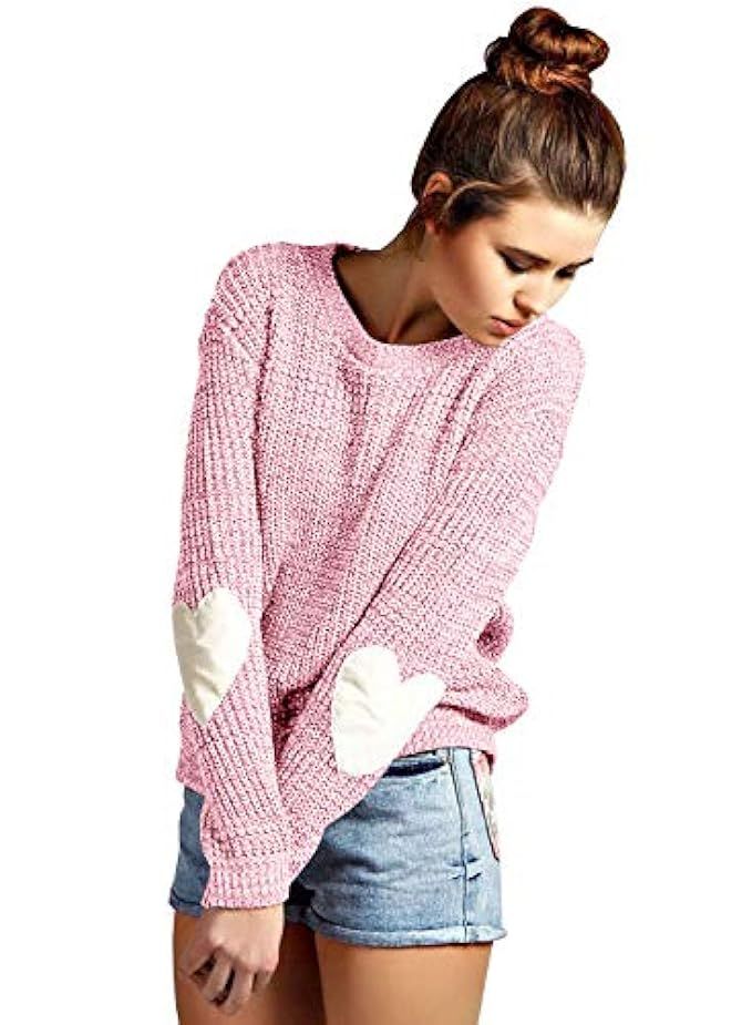 Doballa Women's Cute Heart Pattern Elbow Patch Long Sleeve Lightweight Marled Pullover Sweater Top | Amazon (US)