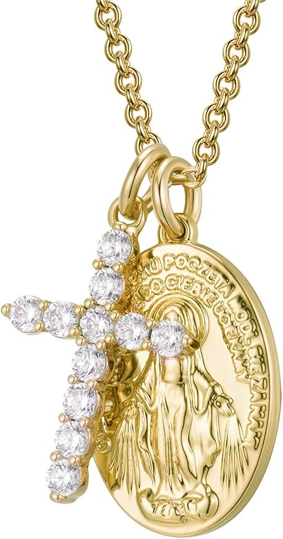 Dainty Gold Necklace for Women, Cross Virgin Mary Necklace, 18k Gold Simple Necklace, Cubic Zirco... | Amazon (US)