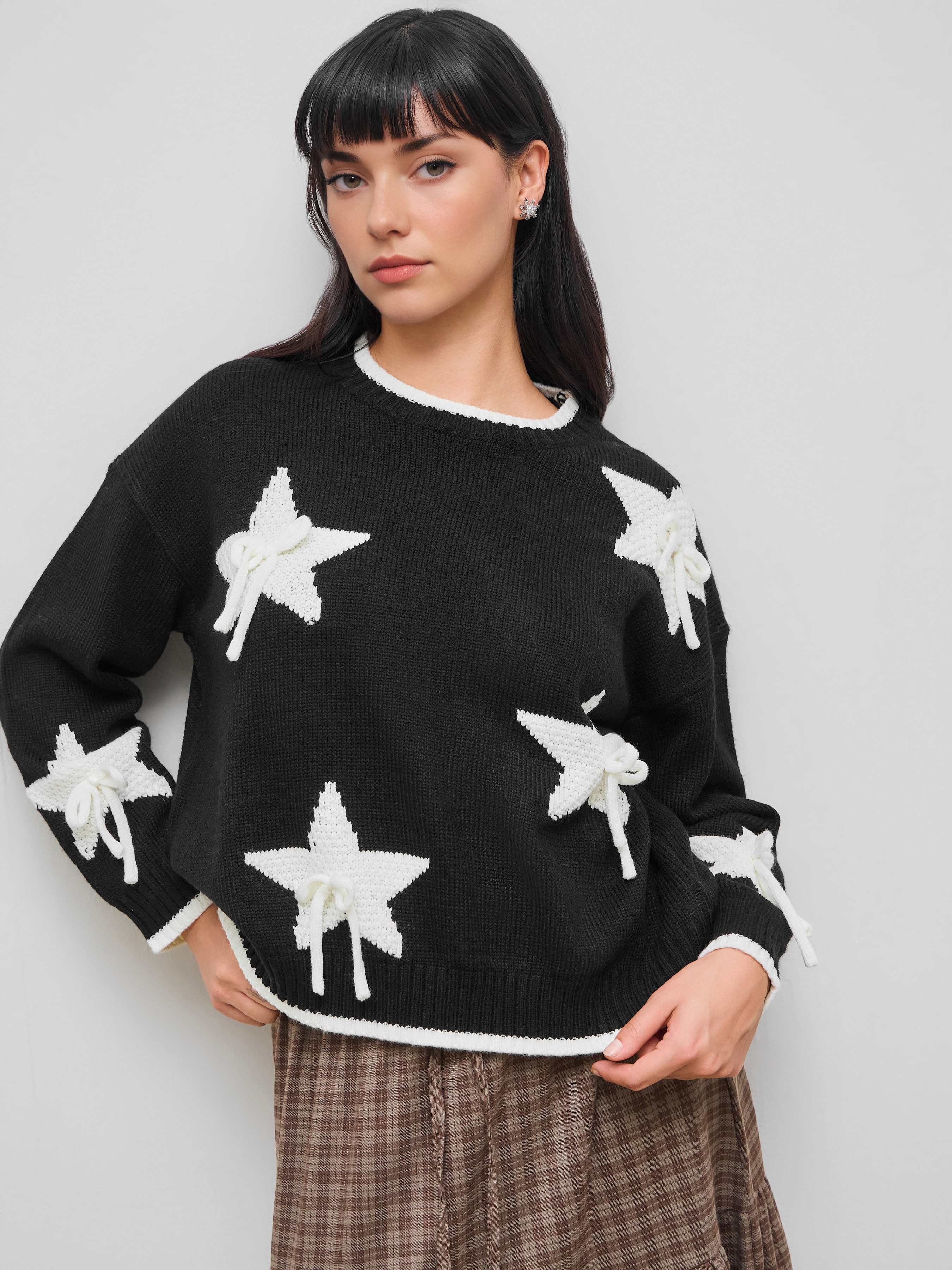 Knit Fabric Knit Star Bowknot Oversized Sweater For Daily Casual | Cider