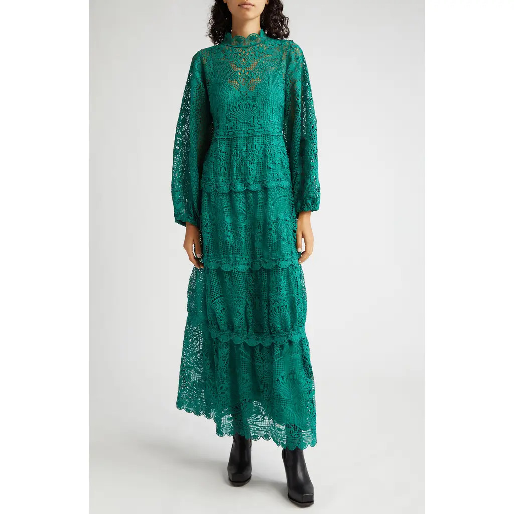 FARM Rio Long Sleeve Guipure Lace Maxi Dress in Green at Nordstrom, Size X-Small | Nordstrom