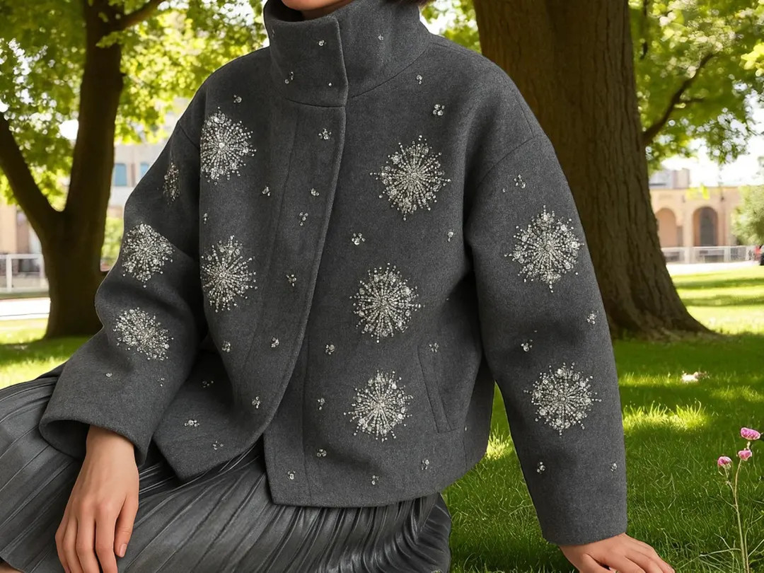 Embellished Grey Jacket: Beaded Snowflake Oversized Winter Coat - Etsy | Etsy (US)