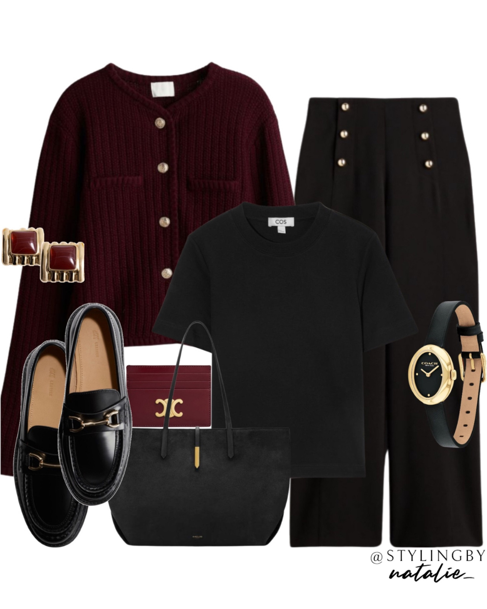 Burgundy textured cardigan, trousers with gold buttons, black T-shirt, loafers, suede tote bag, coach watch & stud earrings. Work wear, office outfit, autumn work outfit.

#LTKworkwear #LTKstyletip #LTKautumn
