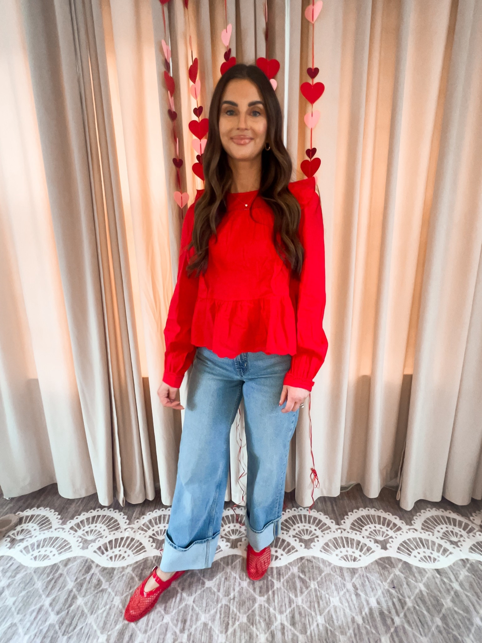 Valentines day outfit 
Red peplum ruffle top-small
High waited cuffed jeans
Red mesh flats 