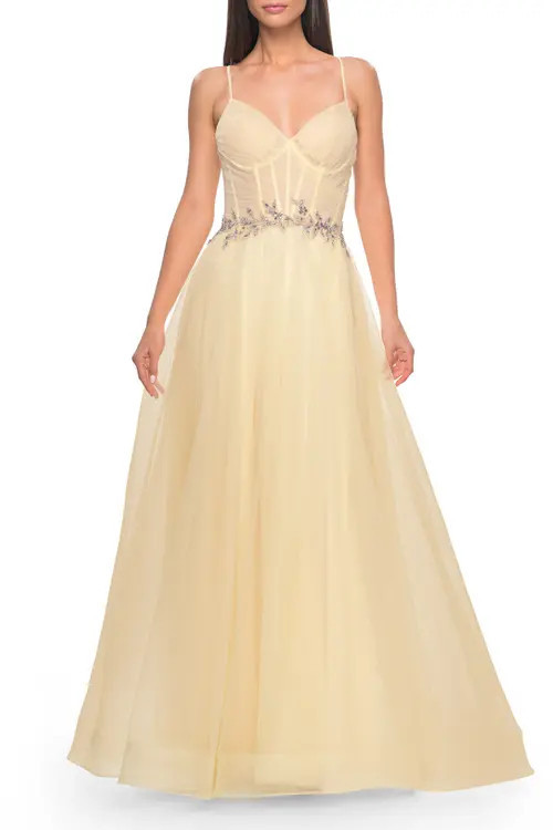 La Femme A-Line Prom Gown with Ruched Bodice and Rhinestone Belt Detail in Pale Yellow at Nordstrom, Size 00 | Nordstrom