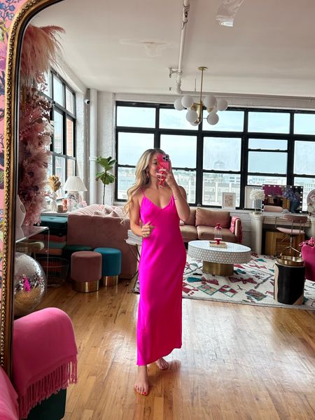 Hot pink slip dress restocked in some sizes I’m wearing a size s plus the cutest lobster earrings 🦞 

#LTKFindsUnder50