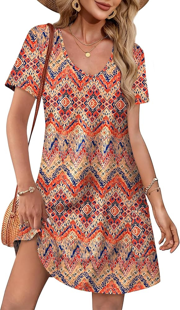 OFEEFAN Summer Dresses for Women 2025 Loose V Neck Short Sleeve Casual T Shirt Dress Sundresses S... | Amazon (US)