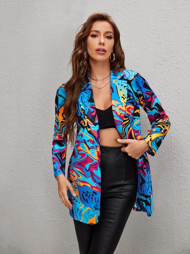 SHEIN Graphic Print Single Button Blazer | SHEIN