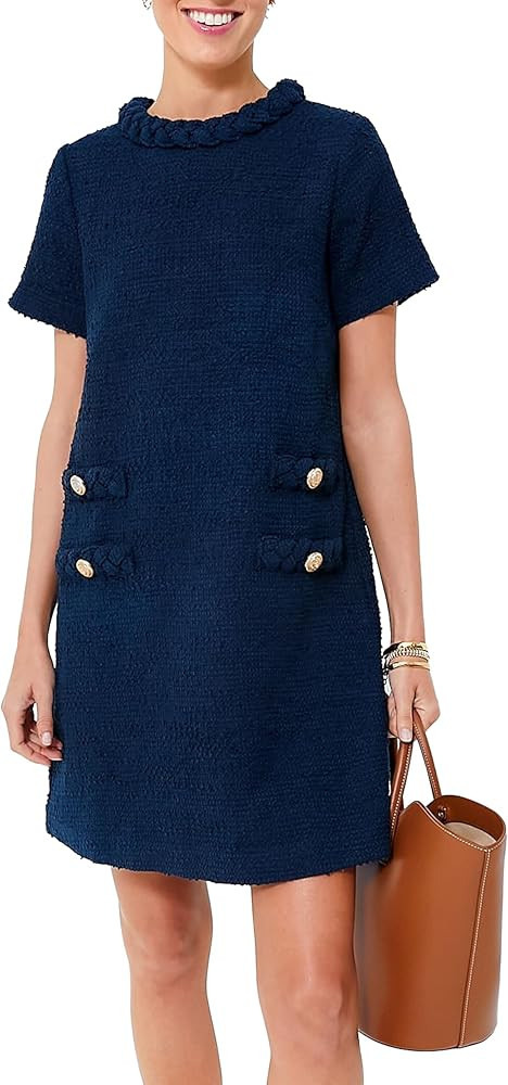 Yoolin Womens Tweed Jackie Dress Elegant Crew Neck Short Sleeve Button Bodycon Mini Dress | Amazon (US)