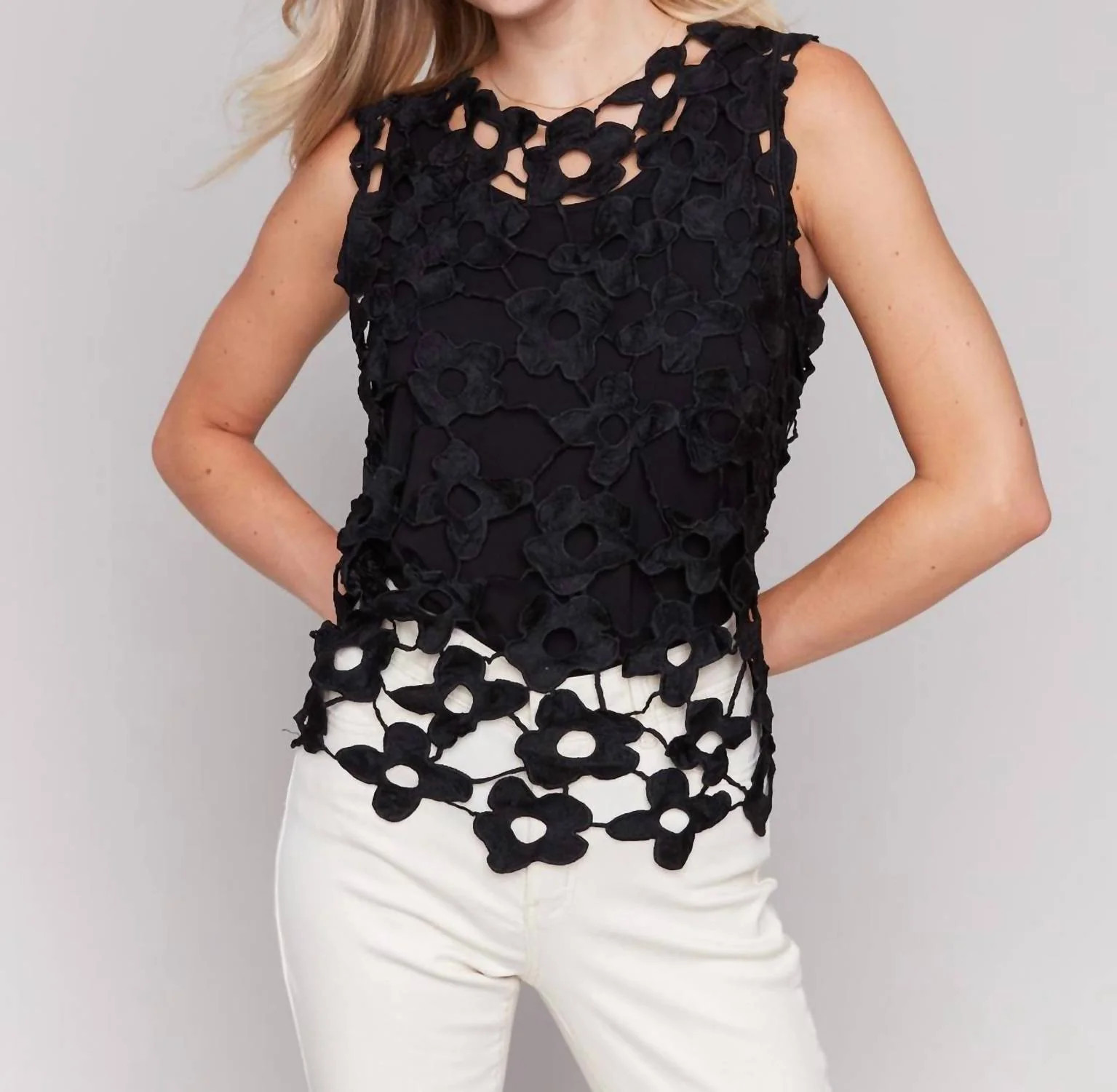 Floral Crochet Sleeveless Top In Black | Shop Simon