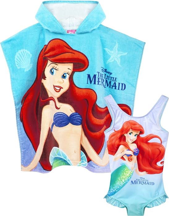 Disney Girls Swimsuit The Little Mermaid & Hooded Towel Poncho | Kids Ariel, Sebastian & Flounder... | Amazon (UK)