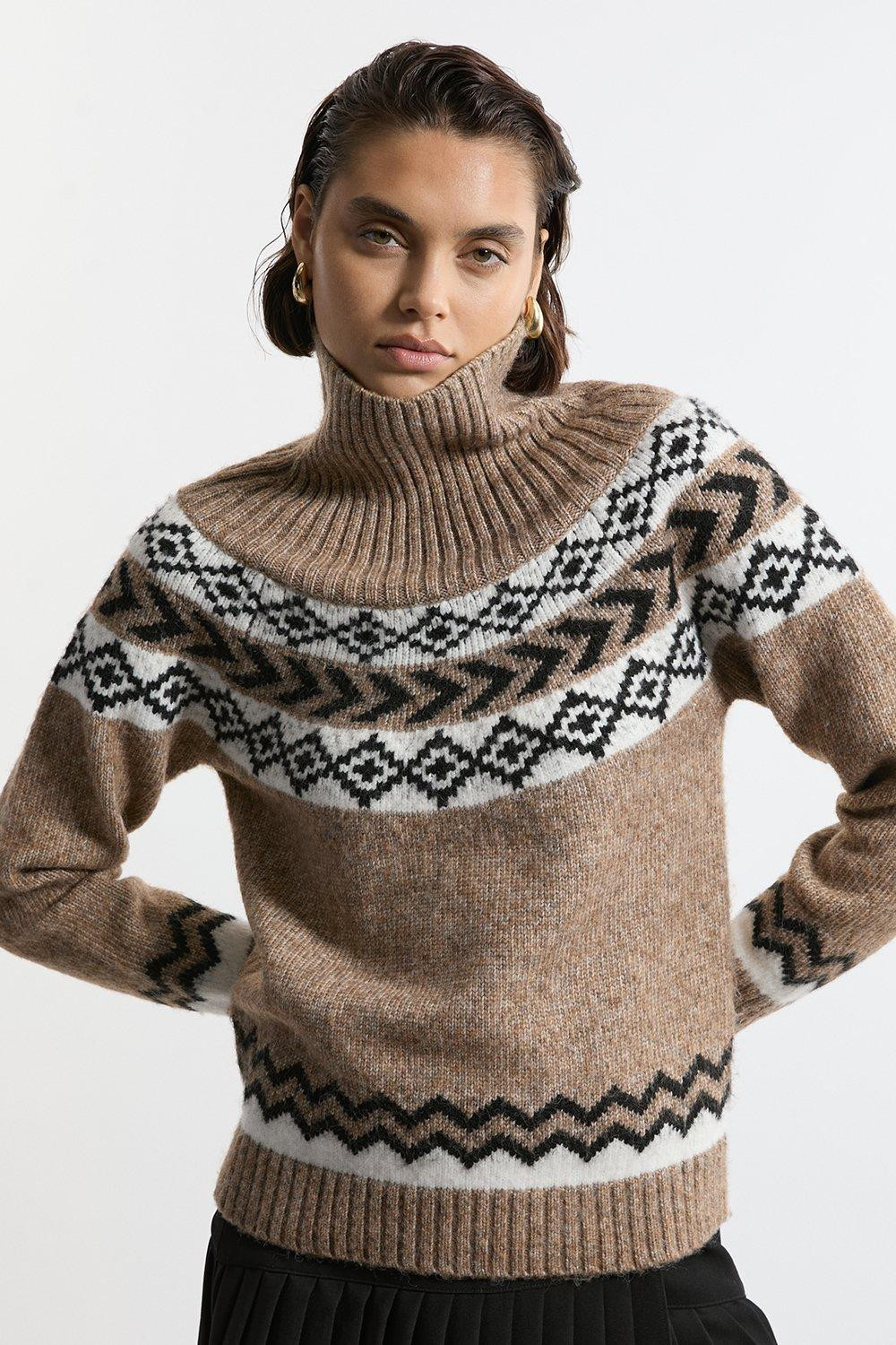 Fairisle Pattern Funnel Neck Jumper | Karen Millen | Karen Millen US