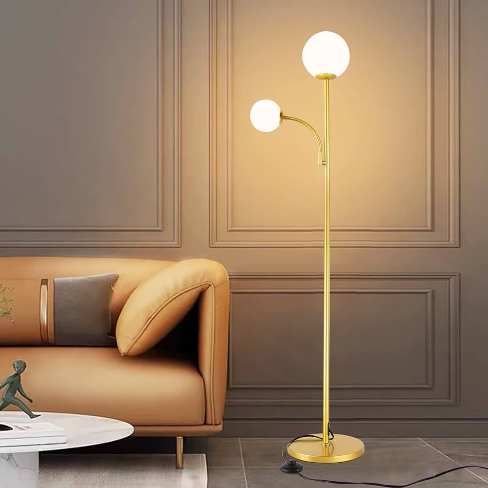 Modern Decorative Globe Gold Floor Lamp, 9W Standing Lamp with 6W Adjustable Reading Lights, 3000... | Amazon (US)