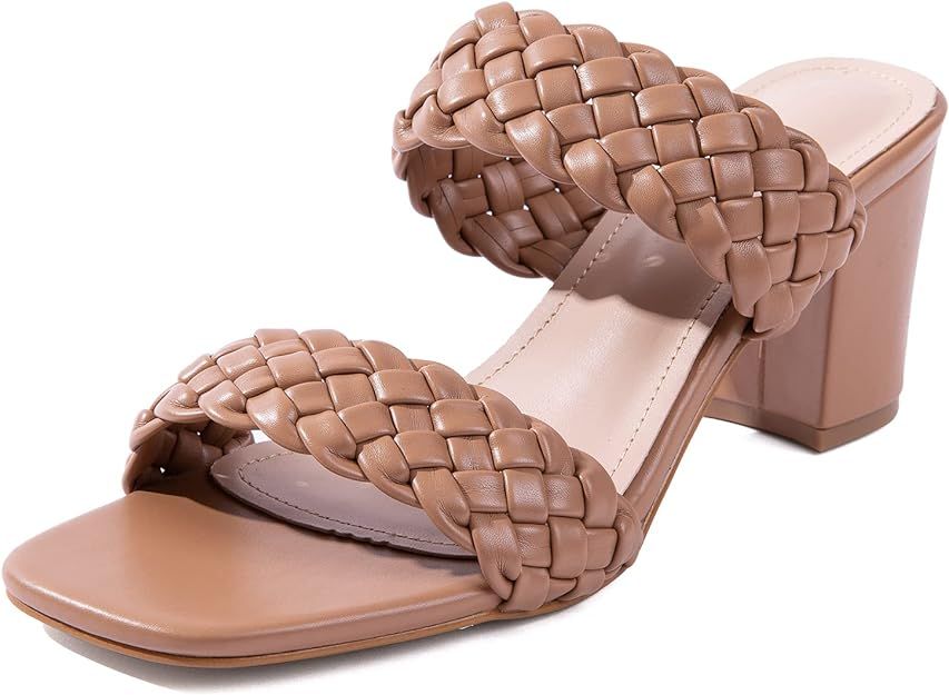 Women Heel Sandals Woven Flop Strappy Thong Block Square Leather Comfortable Sandals | Amazon (US)