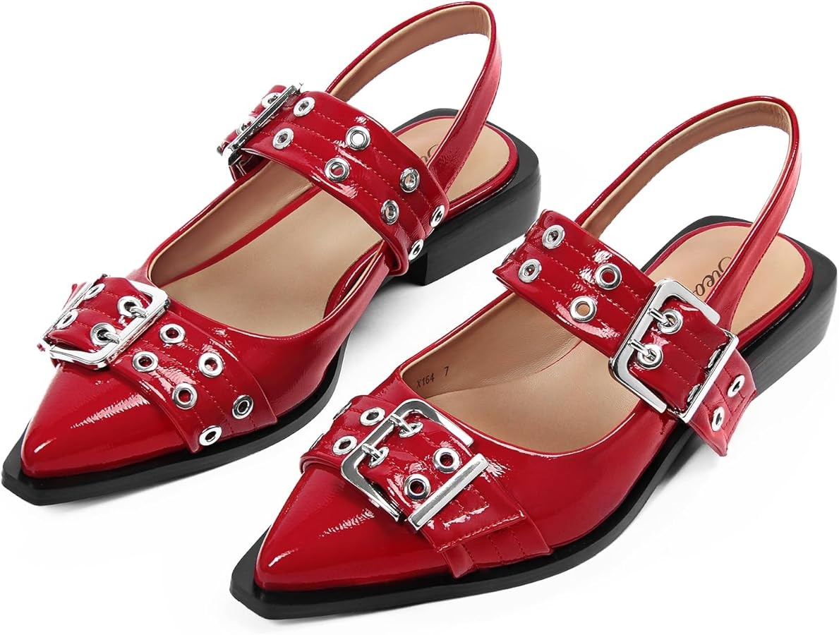 Slingback Flats for Women Buckle Ballet Flats Ballerina Shoes Wide Welt Squared Block Heel Chunky... | Amazon (US)