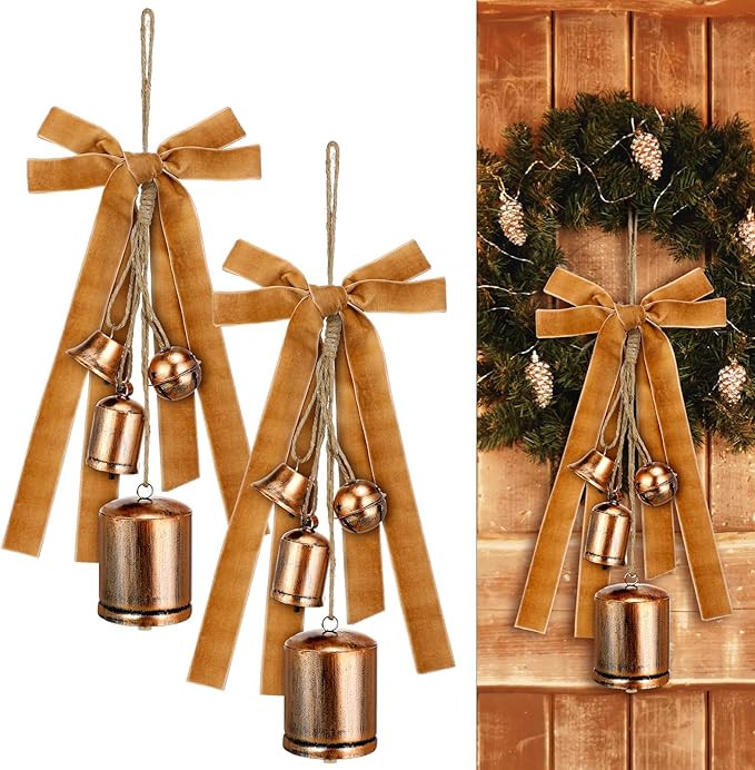 Lukmaa 3 Pcs Christmas Velvet Ribbon Bells on Rope Vintage Cow Bells Rustic Metal Harmony Lucky C... | Amazon (US)
