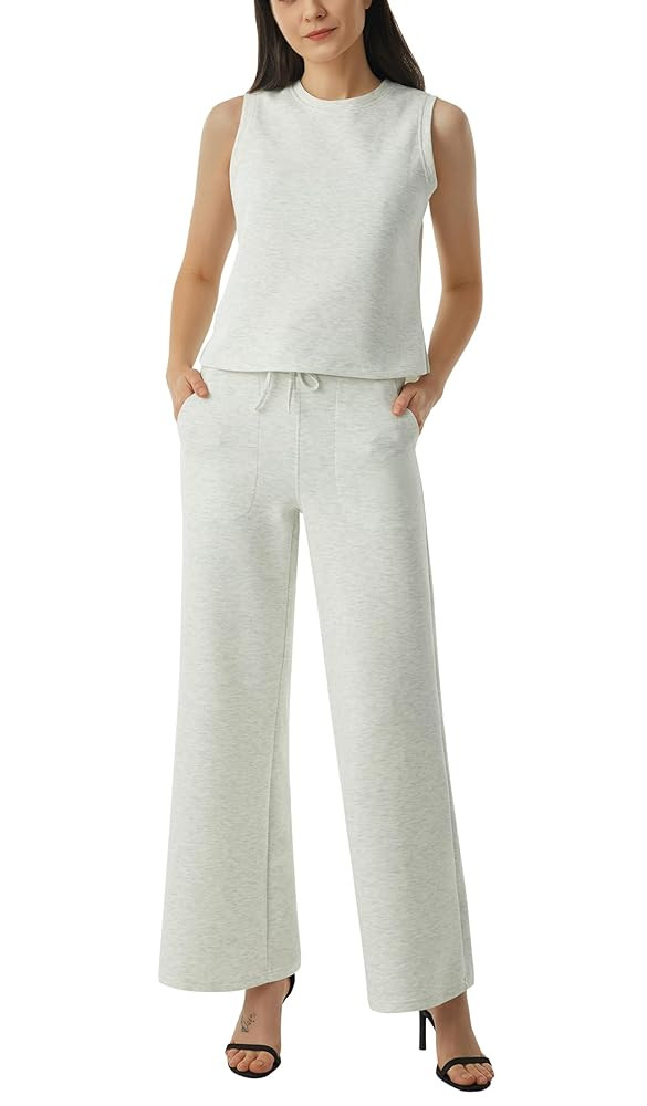 AFITNE Women's 2 Piece Outfits Air Essentials Sleeveless Tank Crop Top Wide Leg Sweatpants Lounge... | Amazon (US)