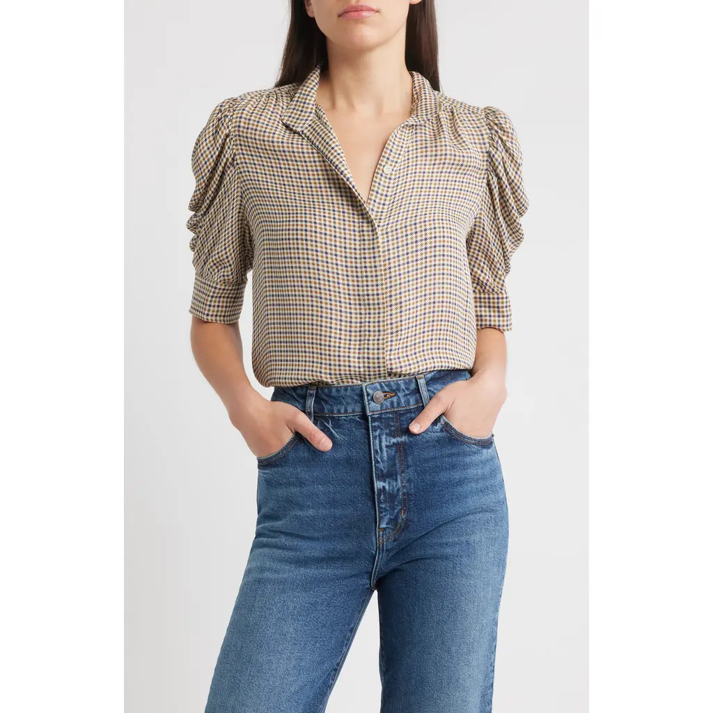 FRAME The Houndstooth Gillian Puff Sleeve Silk Top in Houndstooth Multi at Nordstrom Rack, Size X-Small | Nordstrom Rack