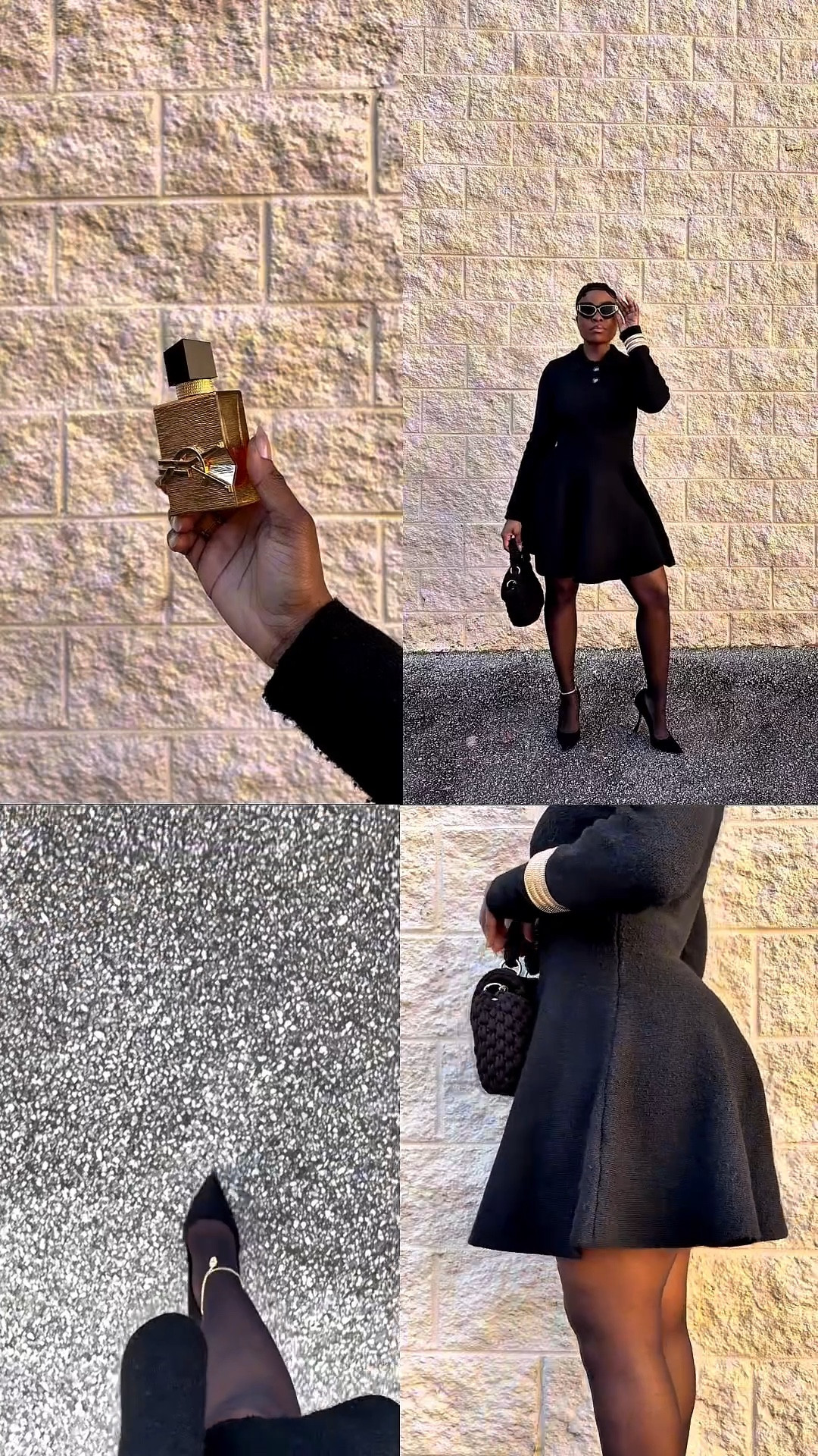Black skater dress, winter fashion, chic black and gold outfit, black mini dress, gold bangles, knitted black purse