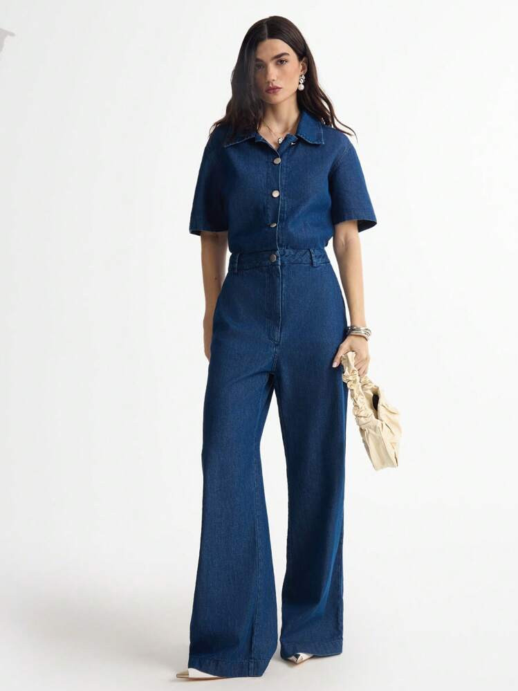 Daynim Macacão Jeans Feminino Manga Curta | SHEIN