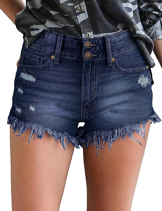 luvamia Women Casual High Waisted Denim Shorts Frayed Raw Hem Ripped Jeans Shorts | Amazon (US)