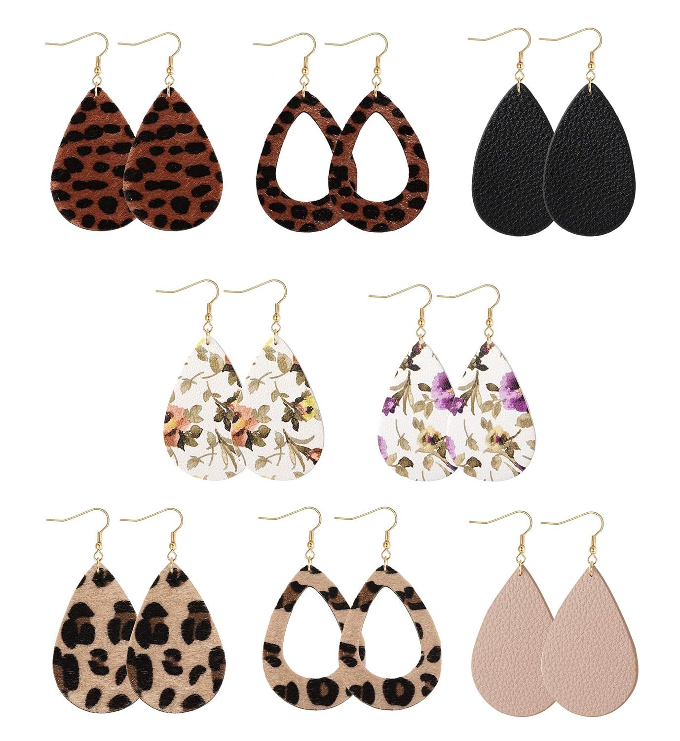 Finrezio 8pairs Leather Earrings Lightweight Teardrop Dangle Earrings Leaf Leopard Print Earrings... | Amazon (US)