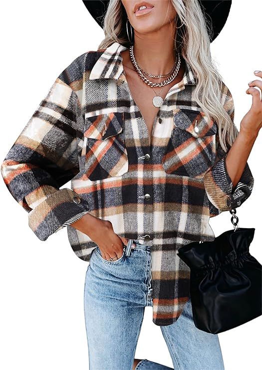Womens Oversized Long Sleeve Casual Wool Flannel Plaid Jackets Button Down Shirts Casual Tops Sha... | Amazon (US)