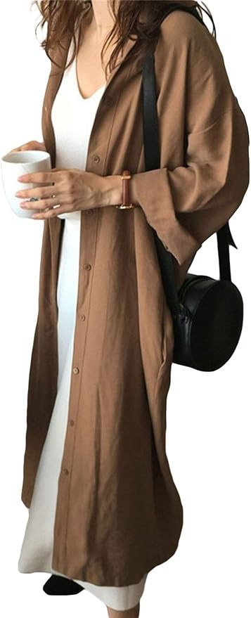 GGUHHU Womens Chic Button Down Rolled-Up Sleeve Long Cotton Blouse Maxi Dress | Amazon (US)