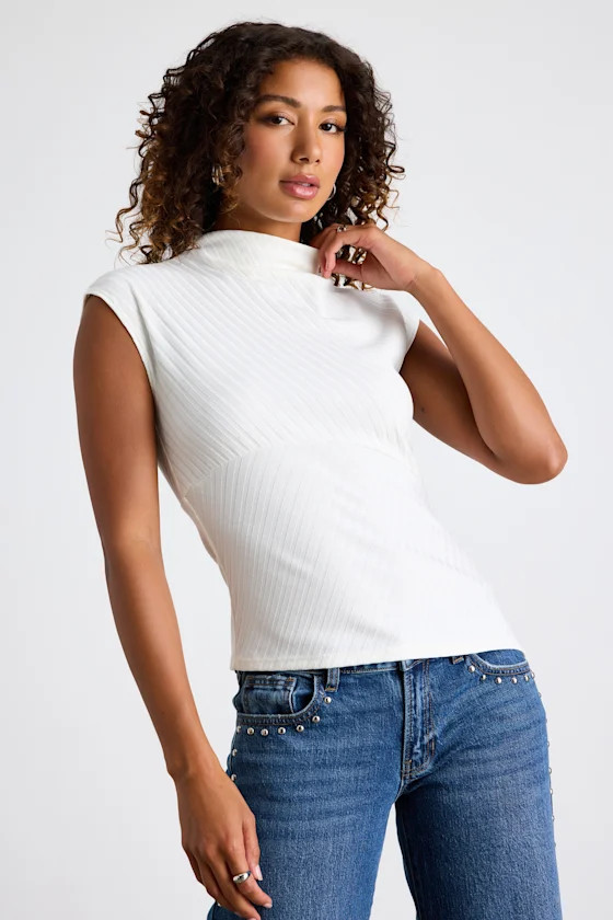 Avenley Ivory Ribbed Mock Neck Asymmetrical Top | Lulus
