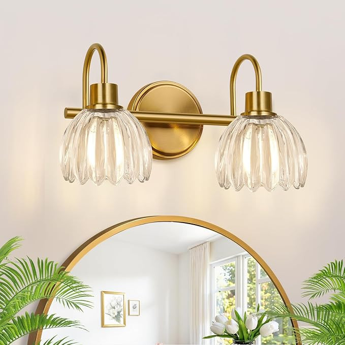 Bathroom Vanity Light (2-Light, 15 in), Brushed Gold Vanity Lights for Bathroom with Ribbed Clear... | Amazon (US)