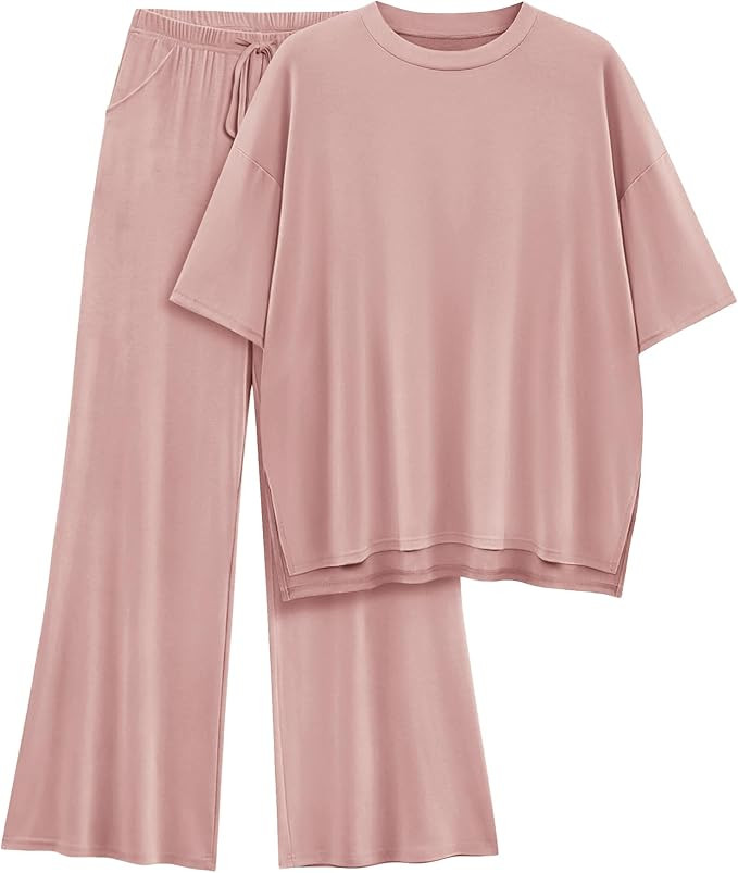 Womens Lounge Set 2026 Summer 2 Piece Outfits Oversized Short Sleeve Tops & Wide Leg Pant Matchin... | Amazon (US)